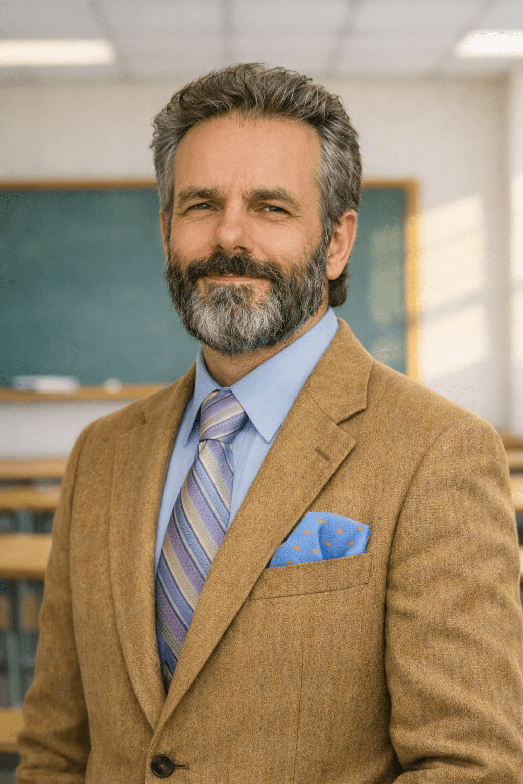 Bertrand-fier-classe Le professeur de mathématiques Bertrand Carbonneaux, dans une classe du collège, sourit fièrement.